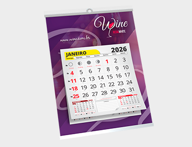 Folhinha Comercial c/ Vareta Metálica Duplex 250g Verniz Total Frente 24,5x35 e Bloco de Calendário 2026 - 4x0 - 50 unid